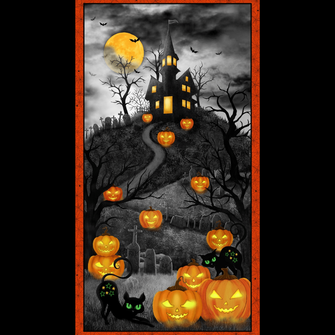 Grey Haunted House Panel - Michael Miller - Halloween Fabrics - Panel