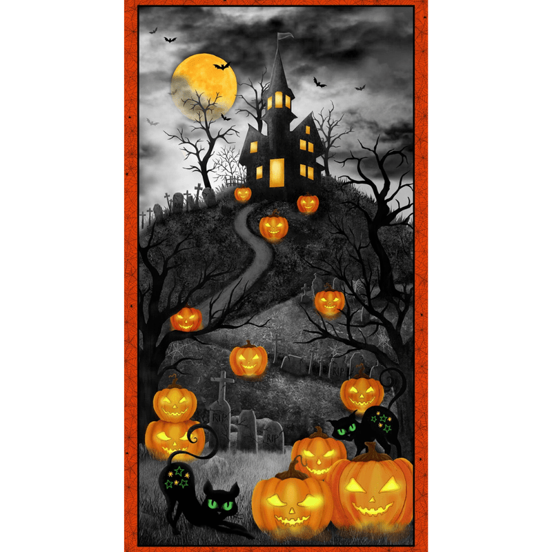 Grey Haunted House Panel - Michael Miller - Halloween Fabrics - Panel